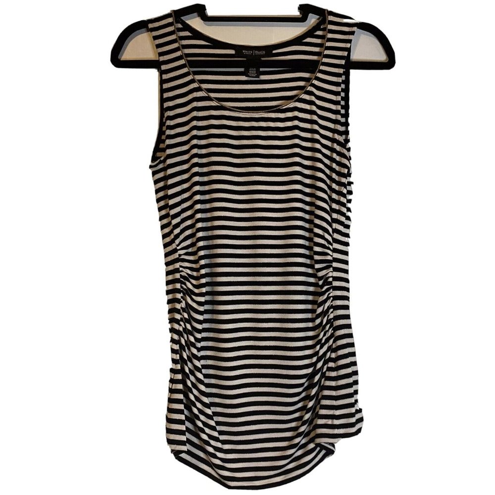 White House Black Market Size M Navy Striped Ruched Tank with Gold tone Accents